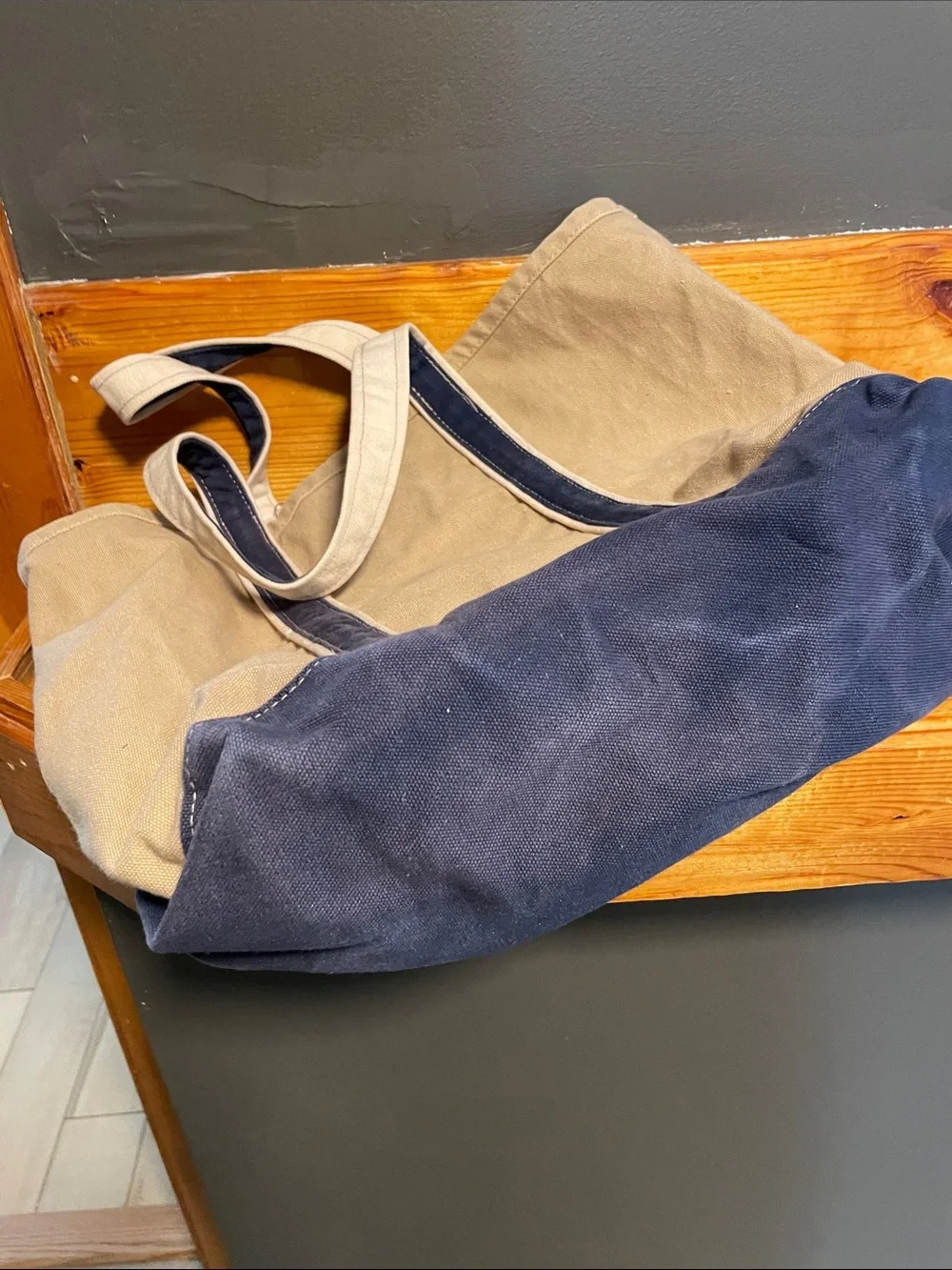 Vintage Medium Sized Canvas Tote Bag with Navy Trim